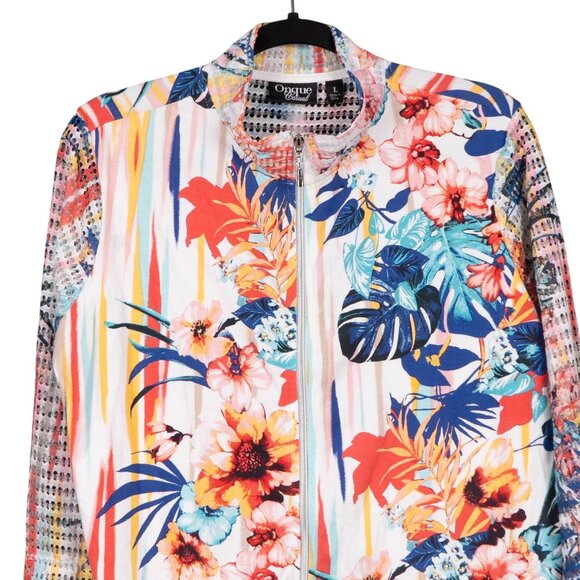 Onque Casual Floral Jacket L Womens Zip Mesh Back 3/4 Sleeves Bright Spring - Picture 4 of 6